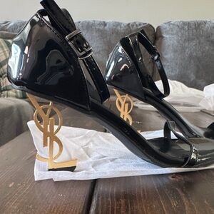 Designer Inspired Black Heels with Gold Logo Heel